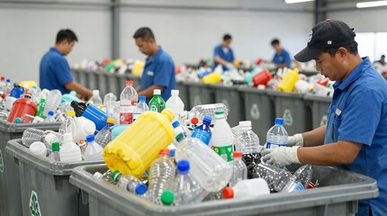 Workers in a recycling facility sorting plastic bottles and other materials for processing and reuse.