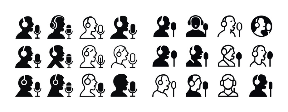 Various silhouette headphone icons with microphones