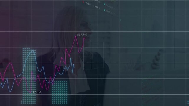 Animation of data processing with graph over caucasian businesswoman