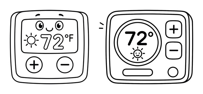 Cute thermostat with smiling face showing temperature of 72