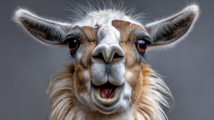 Obraz premium Close-up portrait of a llama with expressive features, showcasing its unique fur texture and vibrant eyes, set against a soft gray background, capturing the animal's playful personality and charm