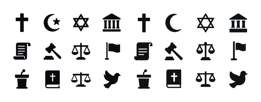 Religious symbols and justice icons set in black silhouette