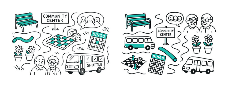 Community center activities: shuttle, bingo, socializing for elderly adults