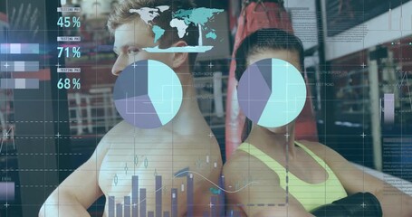 Animation of data processing over diverse people at gym - Powered by Adobe