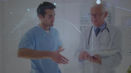 Animation of connections and purple shapes over caucasian male doctors - Powered by Adobe