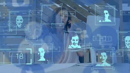 Animation of multiracial user profiles scanning on digital interface, businesswoman talking on phone - Powered by Adobe