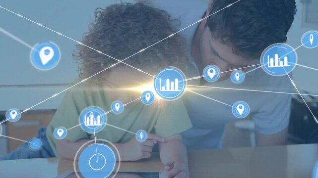 Animation of network of connections with icons over caucasian father with son