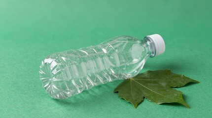 A clear plastic water bottle with a white cap lies next to a green leaf on a minty green surface