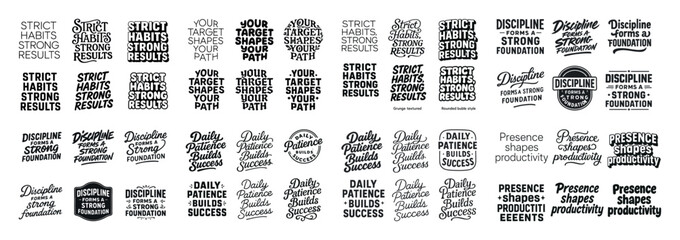 Motivational typography: discipline and success quotes in various fonts and styles