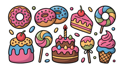 A Sweet Medley: An eye-catching assortment of colorful donuts, cakes, lollipops, and ice cream treats in a delightful arrangement. 