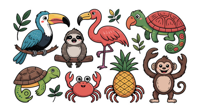 Tropical Cartoon Animals and Elements: A colorful ensemble of charming cartoon characters and vibrant elements from the tropics, including toucan, flamingo, sloth, pineapple, turtle, crab and monkey.