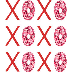XOXO text with red letters and pink glitter hearts. Simple design for Valentine's Day.