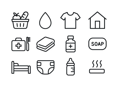 Basic Needs Icon Set. Basic needs support. Line icon set of Basic needs support: food basket, water droplet, clothing shirt, home shelter, hygiene kit,