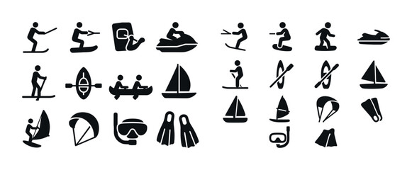 Naklejka premium Water sports icons collection: surfing, sailing, diving, jet skiing, kayaking