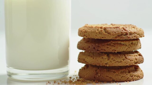 Delicious stack of cookies next to a glass of milk on a white background.