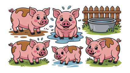Cheerful Piglet Collection: A charming illustration capturing the adorable antics of several cheerful piglets, each showcasing their unique personalities and engaging in playful activities. © mstmahmuda