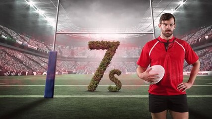 Animation of caucasian male rugby player and 7s text over sports stadium