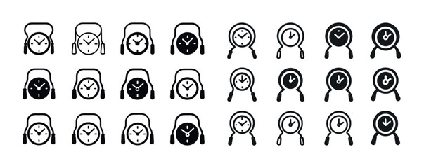 Set of black and white clock icons with simple designs and various styles