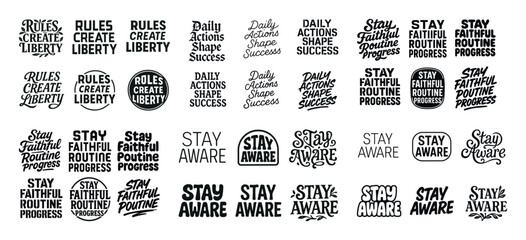 Motivational typography set featuring phrases on success and awareness