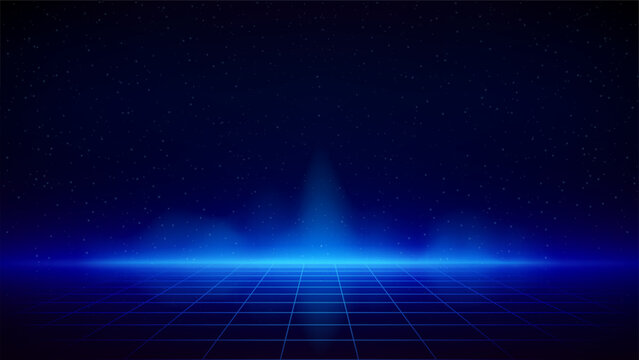 Retro futuristic laser, neon grid background. Synthwave 80s style, neon color. Starry sky background, mesh, grid floor. Futuristic 3d dark blue backdrop, geometric sci-fi digital template. Vector