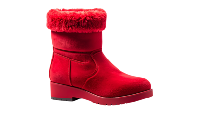 Red Plush Boot: A captivating single red plush boot that is fashion-forward in all aspects. The soft textures and dynamic lines of the boot showcase the peak of modern footwear isolated on solid white
