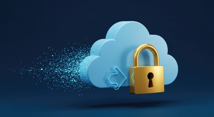 Secure cloud storage with locked padlock and data transfer encryption