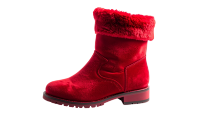 Red Plush Boot: A captivating single red plush boot that is fashion-forward in all aspects. The soft textures and dynamic lines of the boot showcase the peak of modern footwear isolated on solid whit1