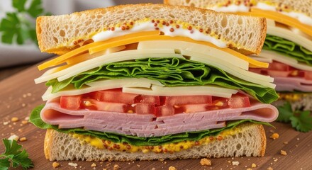 Delicious club sandwich with ham, cheese, lettuce, tomato, and mustard on whole wheat bread, cut in half on a wooden board