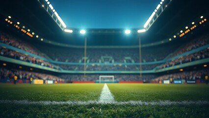 spectator. Field-level view of impressive sports stadium with illuminated playing surface. event key visuals, club posters, designed for sports event promotions and stadium branding.