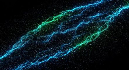 Vibrant blue and green neon light trails on black background with sparkling particles technology concept