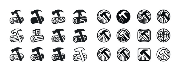 Black and white hammer and wood icons set for carpentry and construction