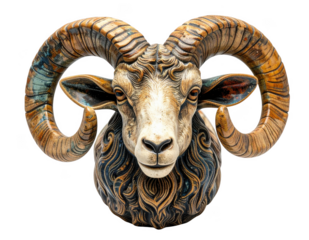 Hand painted ceramic goat zodiac ornament with subtle texture, isolate on white background.