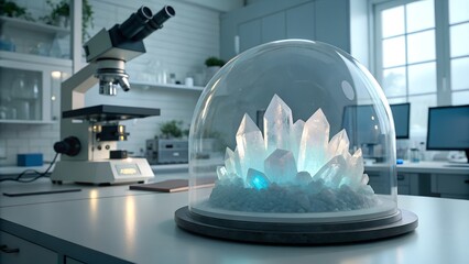 3D scientific visualization of raw quartz crystals under a glass dome in a modern laboratory research facility with microscope background.