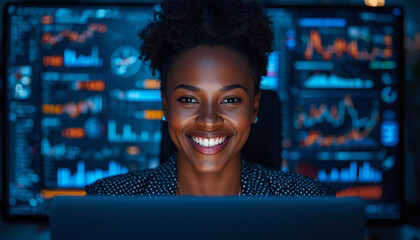 A smiling businesswoman working on her laptop with data analysis screens in the background.