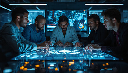 A group of diverse businessmen working together on a futuristic digital project in a high-tech laboratory setting.