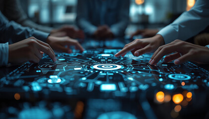 A group of people interacting with a futuristic digital interface in a modern setting