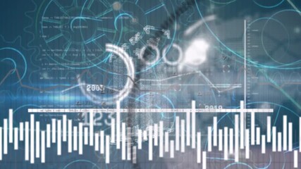 Animation of glitch, cogs, graphs and data over navy background - Powered by Adobe