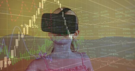 Animation of data processing and flag of colombia over caucasian girl using vr headset - Powered by Adobe
