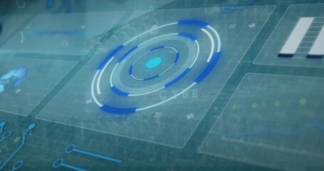 Animation of digital interface and data processing on screens over blue background - Powered by Adobe