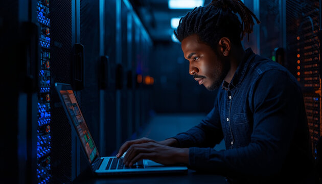 A focused man working on a laptop in a dimly lit server room with blue lights - Powered by Adobe