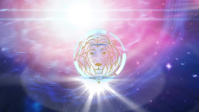 Animation of processing circle over zodiac and leo over cosmic background