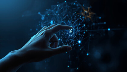 A hand interacts with a futuristic 5G network interface in a dark blue environment