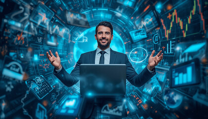 A smiling businessman in a suit stands confidently in front of a laptop with futuristic graphics surrounding him.