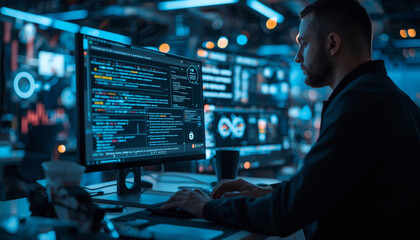 A man in a dark room working on a computer with multiple screens displaying code and data.