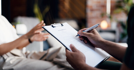 People, hands and nurse writing with clipboard for health results, checkup policy or IV drip. Closeup, doctor or application form with patient for nutrition, vitamins or immunity booster in clinic