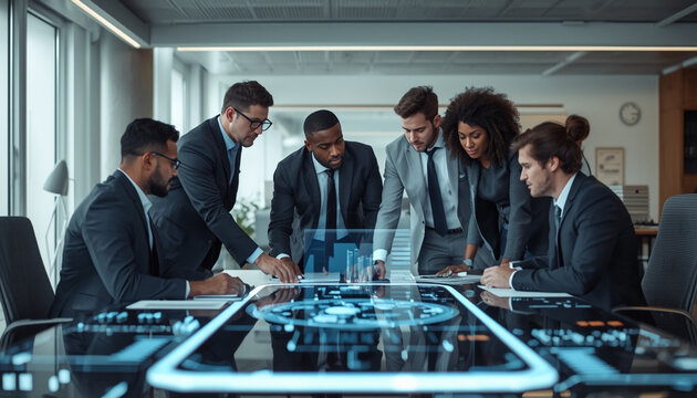 A diverse group of business professionals gathered around a futuristic digital table in a modern office setting - Powered by Adobe