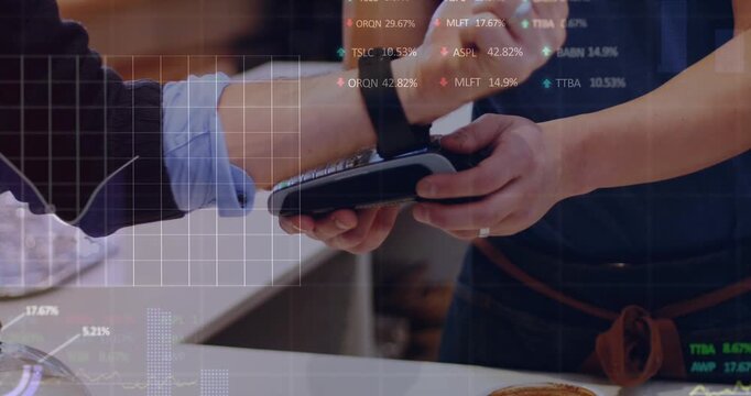 Animation of trading board and graph over cropped hand of man scanning smartwatch for paying in cafe