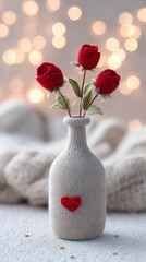 Knitted scarlet roses in a cozy vase create a festive scene with warm light for a sweet celebration of love and craft