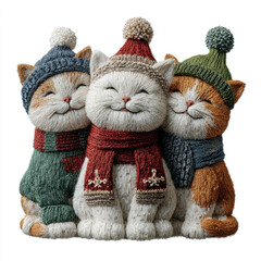 Cute 3D Christmas cats made from embroidered yarn with smiling faces on a white background