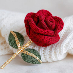 Bright red knitted rose with a golden stem on a cozy white background for Valentine39;s Day celebrations and romantic gifts